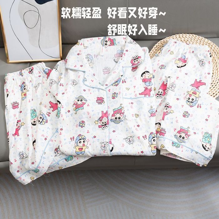 Pantalones cortos de tres piezas pantalones de manga corta verano nuevo estilo caliente dibujos animados casual lindo estilo cardigan pijamas mujeres nubes algodón
