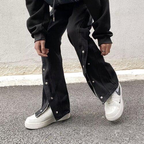 American street-style vibe casual button-down jeans for men with zipper fly and split design, loose straight-leg floor-length pants