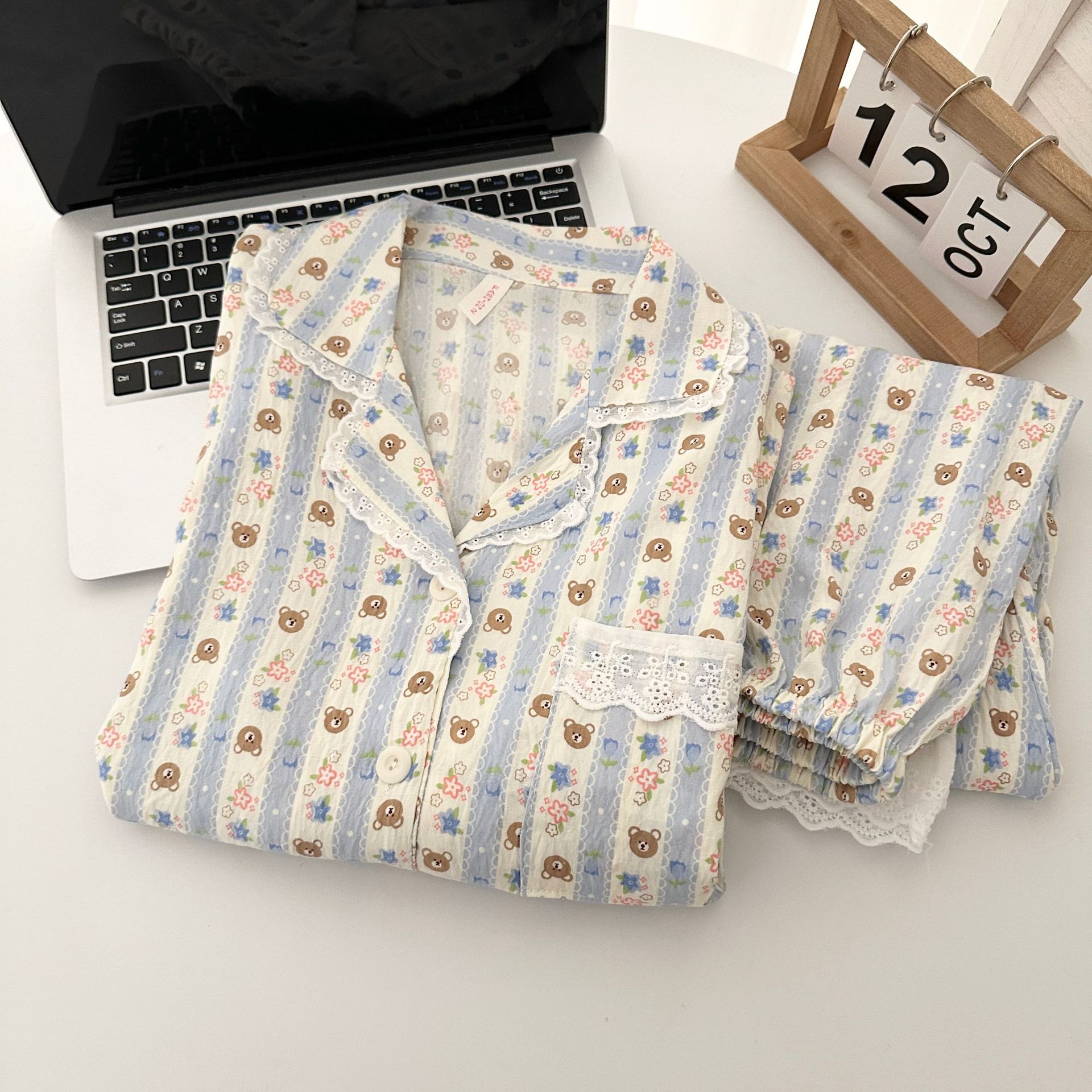 Texto secreto de chatarra nubes de algodón arco pijama de mujer primavera y otoño manga larga pantalones largos set de ropa para el hogar