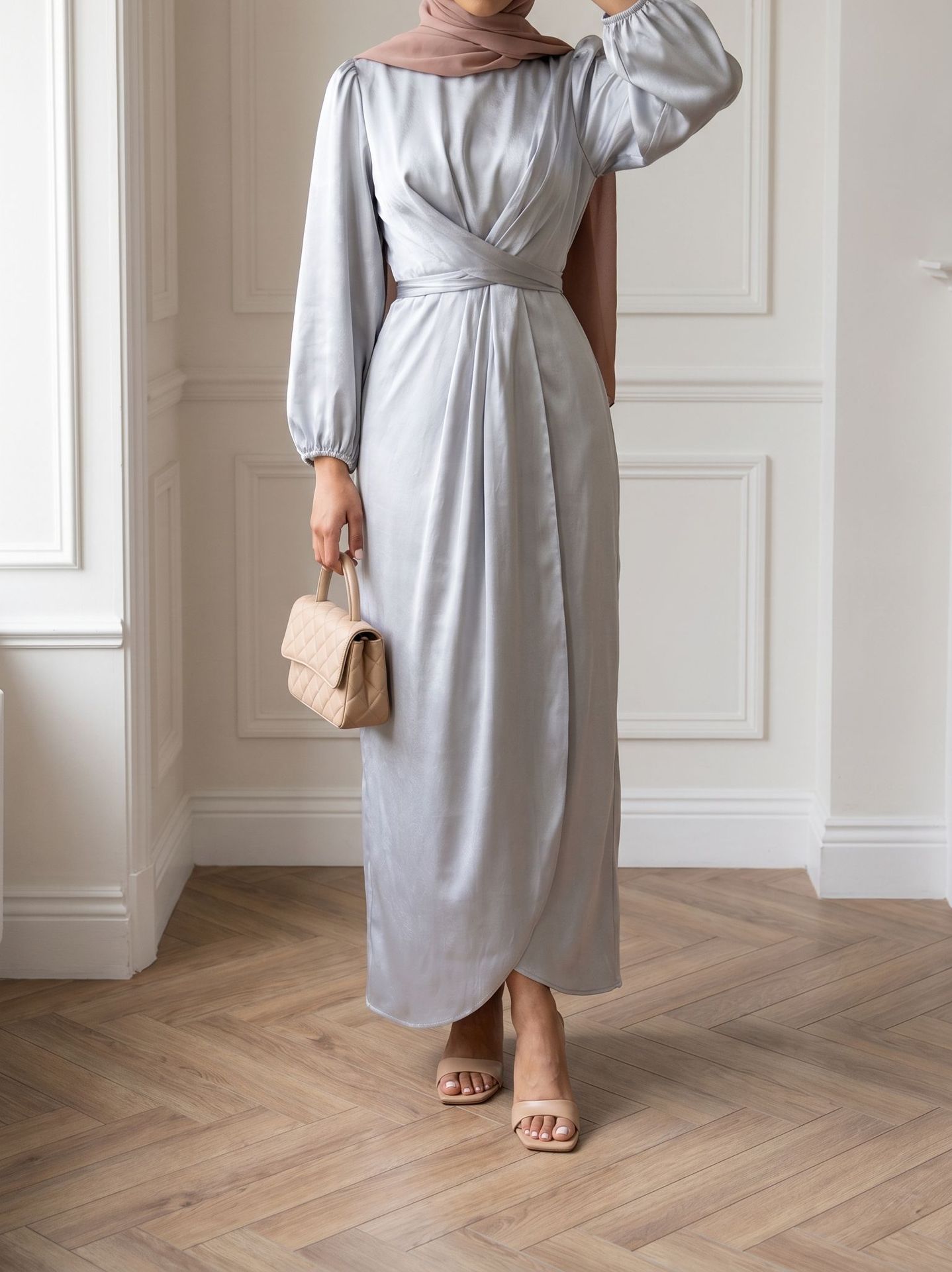 Elegantes Damen Satin Kleid Mit Laternenärmeln Und Bindegürtel_voghion.com