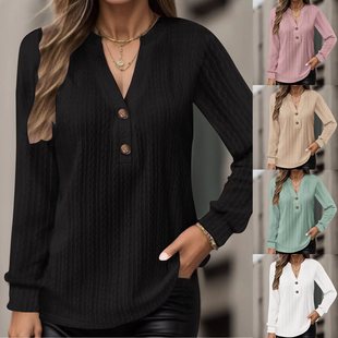 2024 European and American Cross-Border Autumn and Winter Women's Independent Station New Long-Sleeved Pure Color V Neck Button T-Shirt Top
