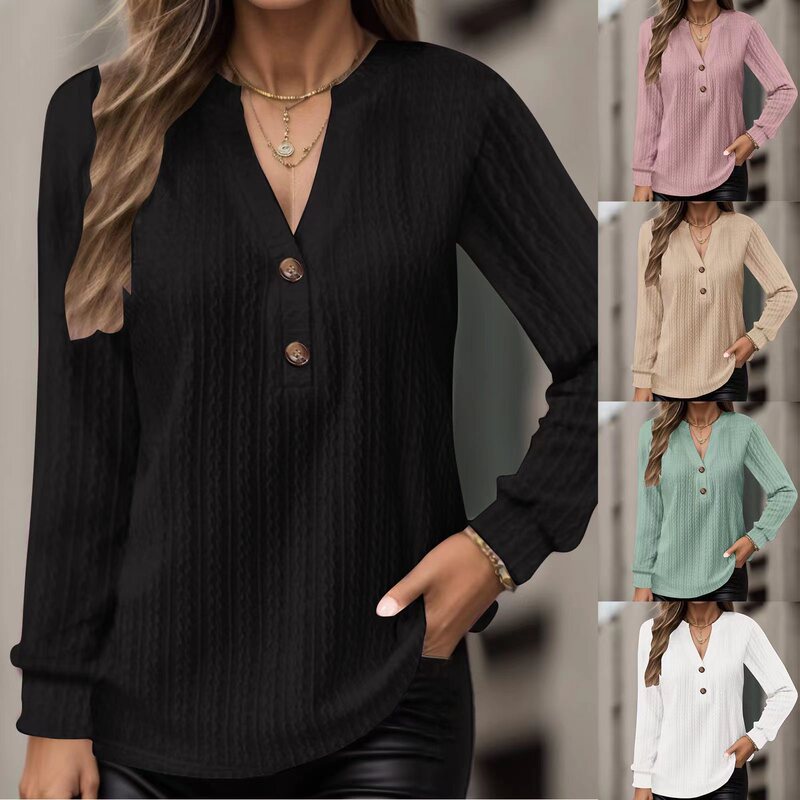 European and American Cross-Border 2025 Autumn and Winter New Women's Clothing Independent Long-Sleeve Solid Color V-Neck Button T-Shirt Top Loose Fit European and American Cross-Border 2025 Autumn and Winter New Women's Clothing Independent Long-Sleeve Solid Color V-Neck Button T-Shirt Top Loose Fit
