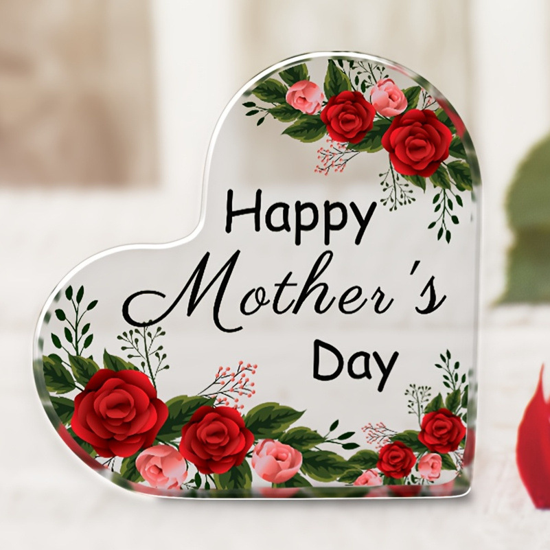 2D平面亚克力心形母亲节挂牌 - 红玫瑰与绿叶花卉设计，“母亲节