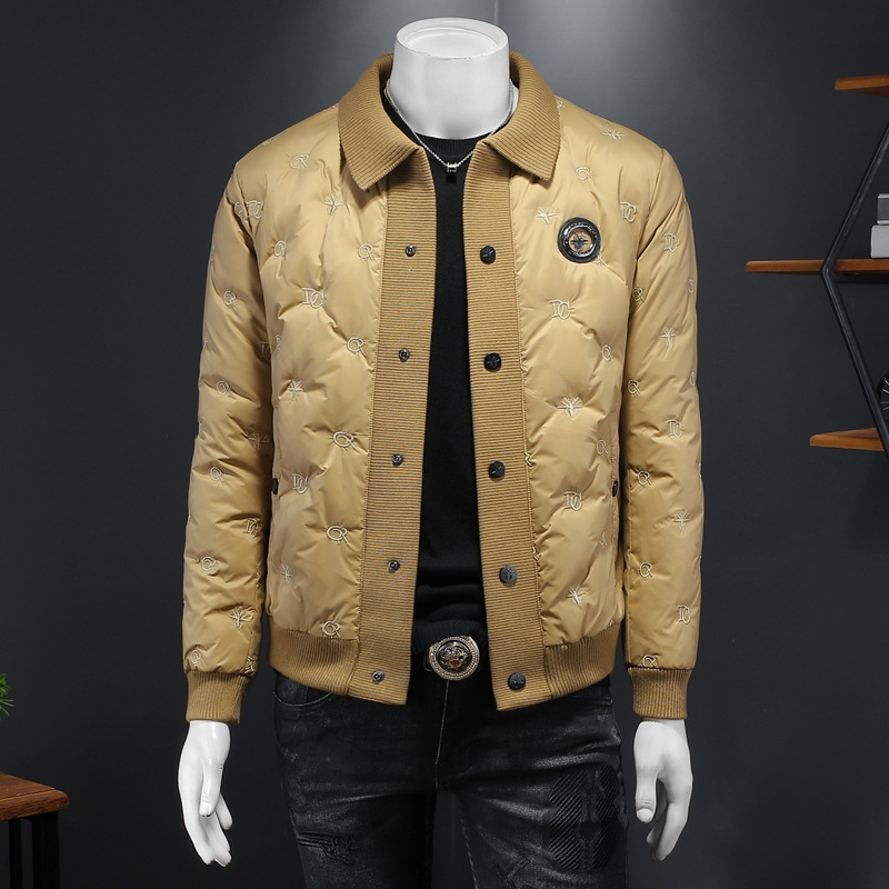 欧洲站2025冬季新款高品质男士90%白鸭绒翻领大码刺绣拼接羽绒服