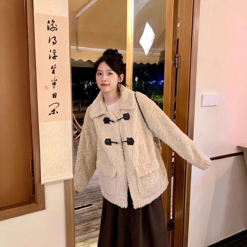韩系翻领甜美温柔奶fufu羊羔毛外套女皮毛一体毛绒绒大衣秋冬加厚|undefined