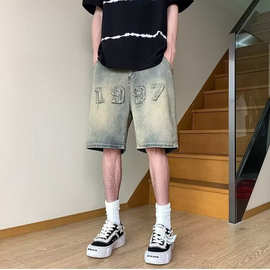 森柔牛仔|森马牛仔中裤男复古水洗工装短裤oversize夏季五分裤潮
