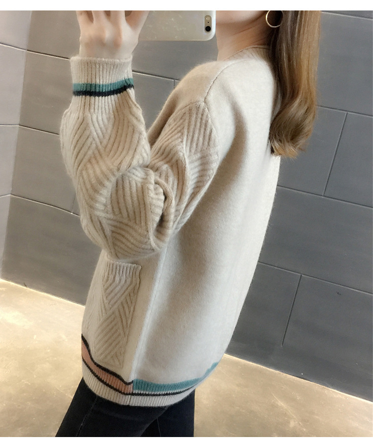 Women's Clothing Knitted Sweater V Neck All match Small Cardigan Jacket Women's Colorblock Sweater _voghion.com