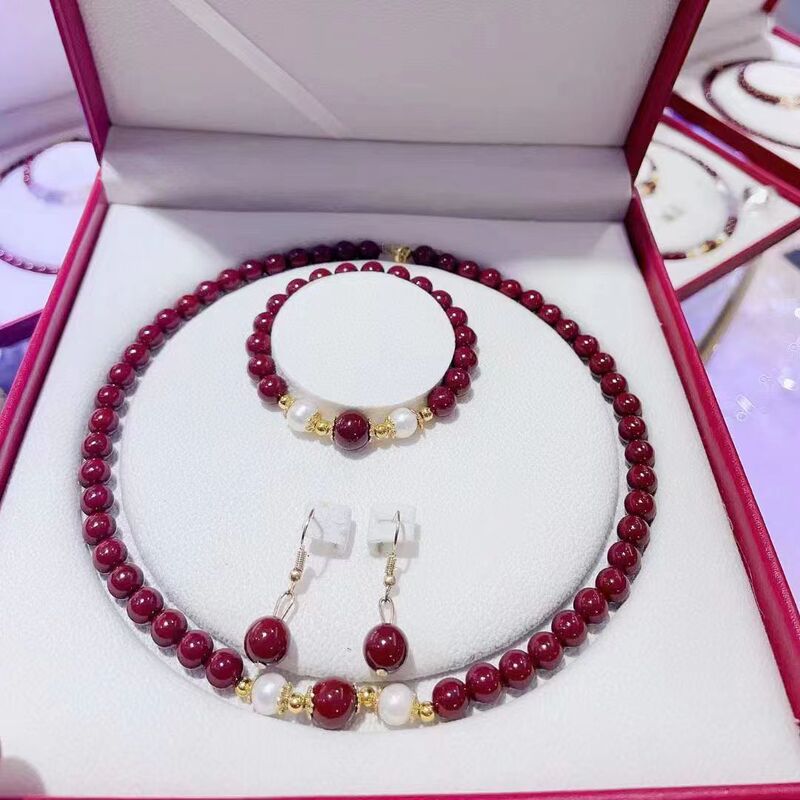 Palace-Style Cinnabar Necklace Gift Set for Mom, Three-Piece Bracelet Set, Mother's Day Gift, Women's Day Wholesale