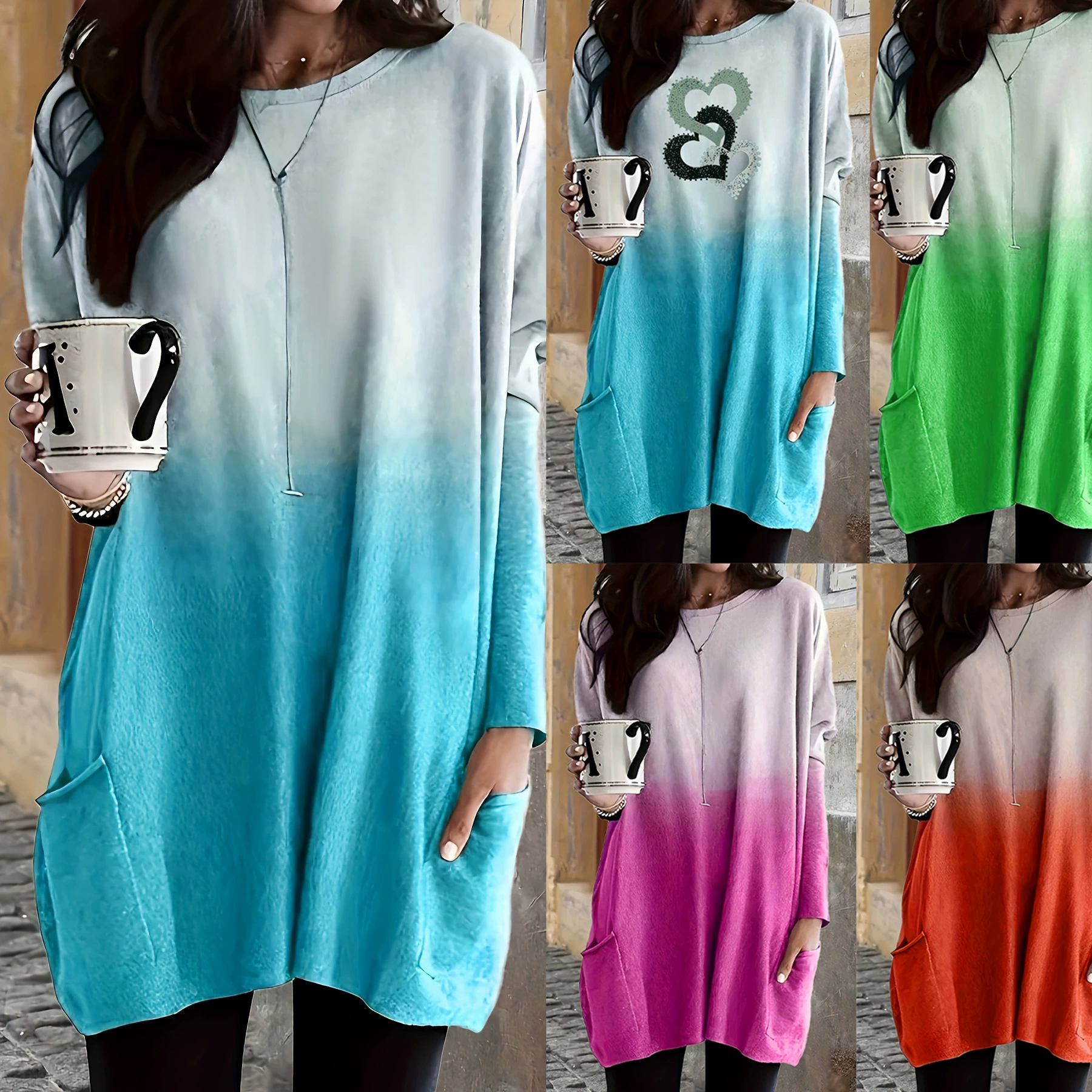 Новая мода градиентный карман длинный размер женский свиток с длинными рукавами весной 2025 Amazon temu Independent Station