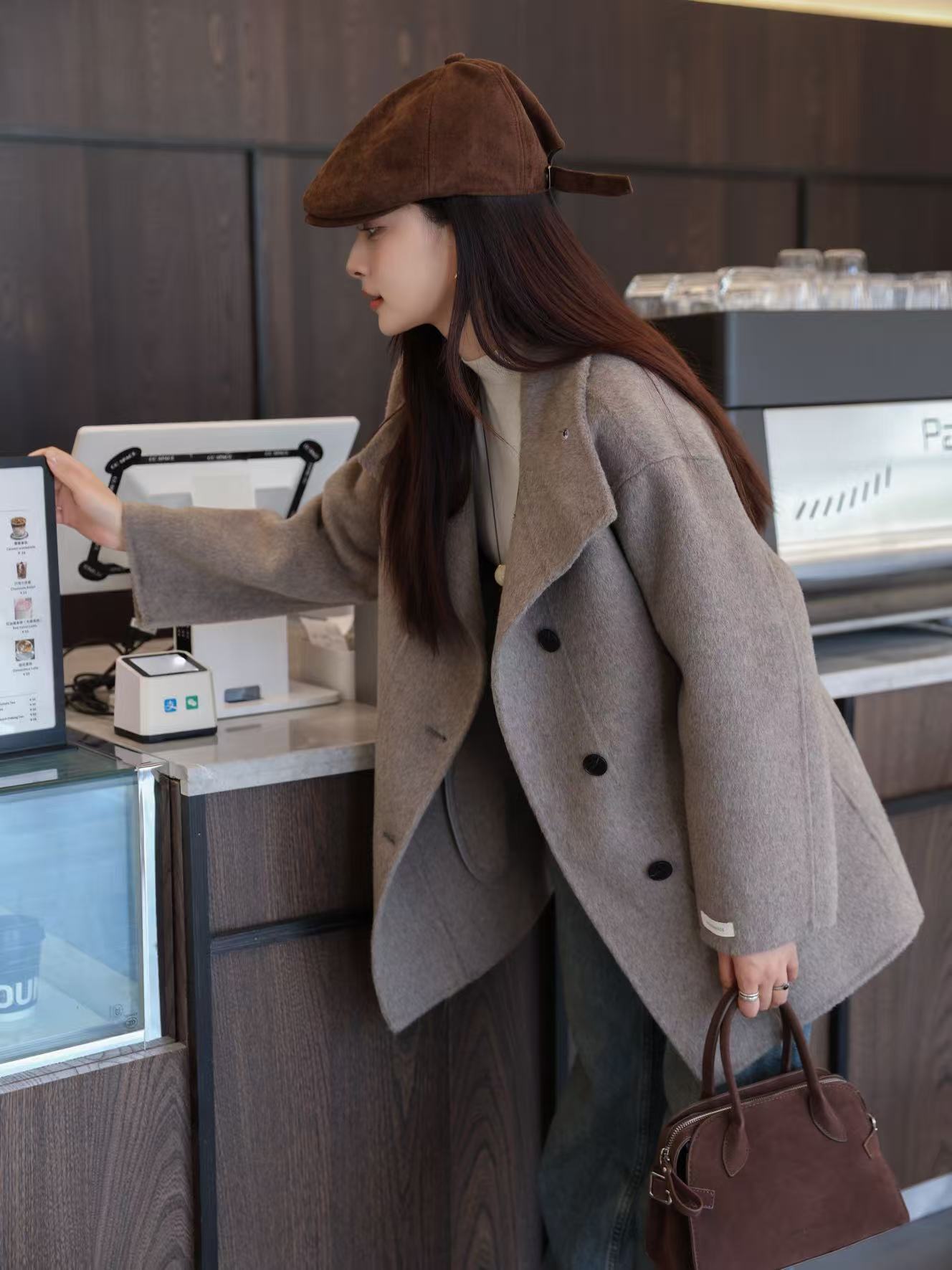 カシミヤバージョンにアップグレード！スタンドカラー、シングルボタン、紐付き、新作両面ウールコート、レディースショート丈、小柄な方向け、25秋冬