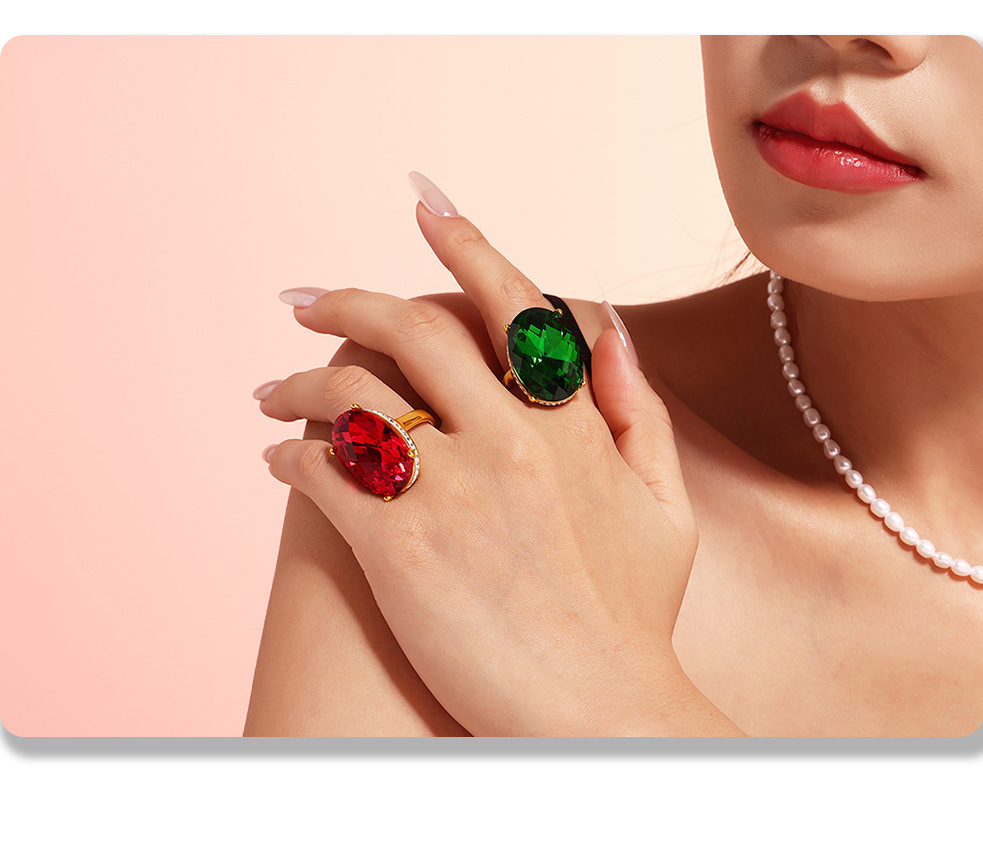 Oval Diamond Large Glass Ring Gold Plated Retro Statement Ring_voghion.com