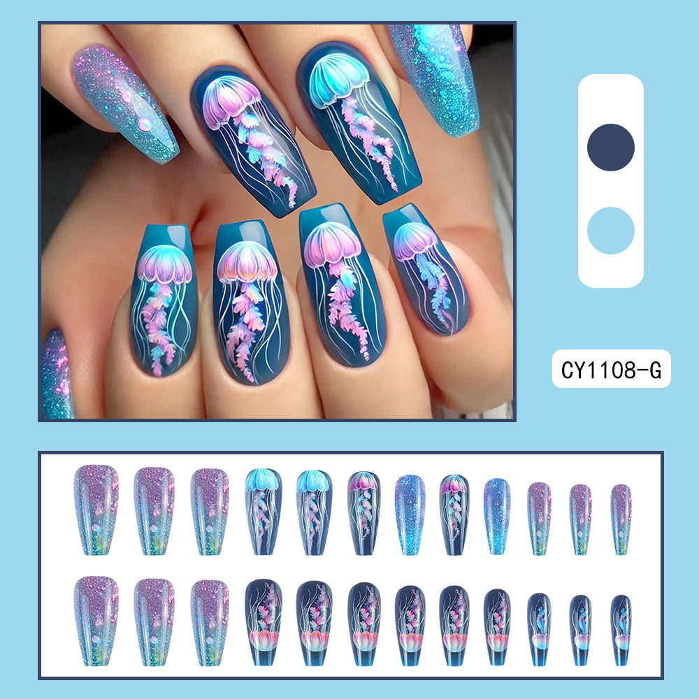 Ventas transfronterizas de uñas trapezoidales largas, medusas azules, sueños de viento marino, 24 piezas de parche de uñas
