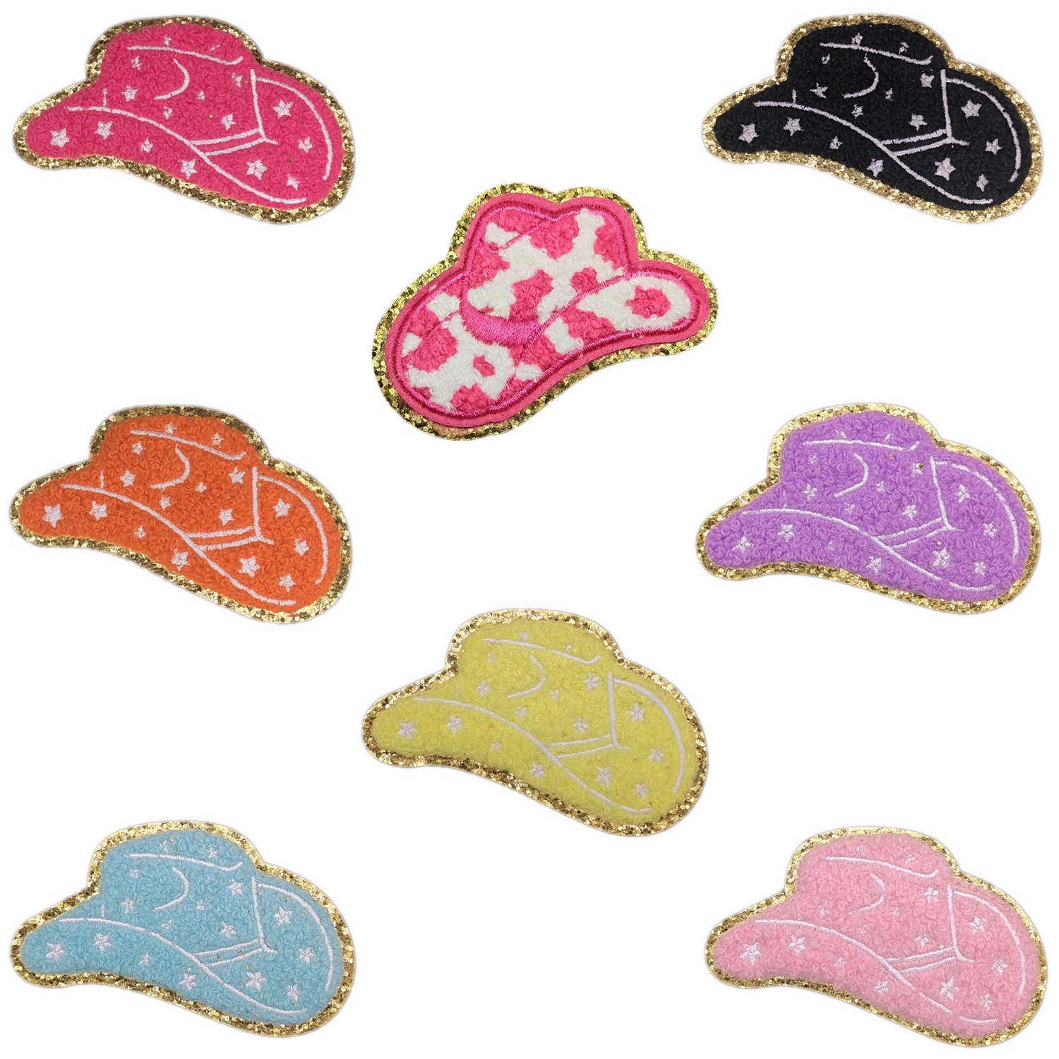 建兴跨境新款牛仔帽子金边格力特雪尼尔毛布绣刺绣布贴电脑绣花标