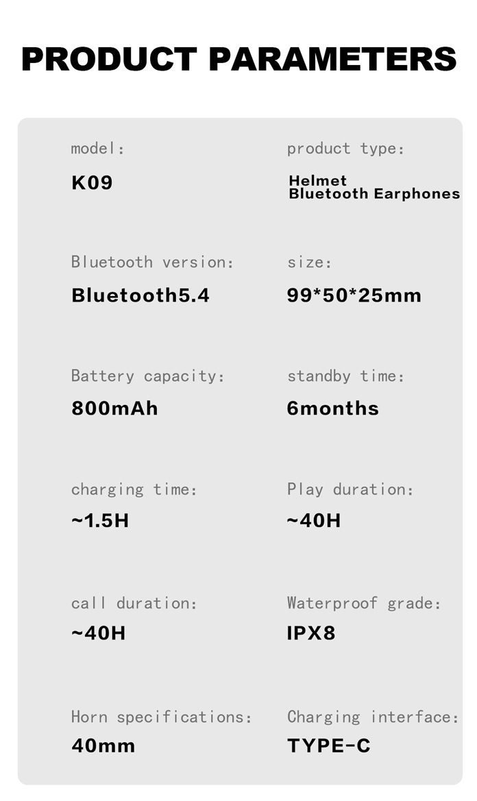 Cross-Border Helmet Bluetooth Headset K09 Real-Time Intercom 40mm Speaker Binaural Stereo Long Battery Life Low Latency