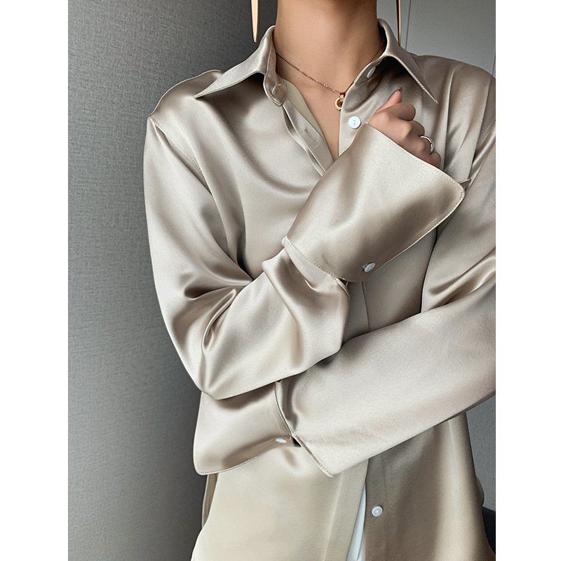 Karfelly/Dark Night Luster! Japanese Imported Triacetate Short-Sleeve Satin Shirt Long-Sleeve Heavyweight Double-Sided