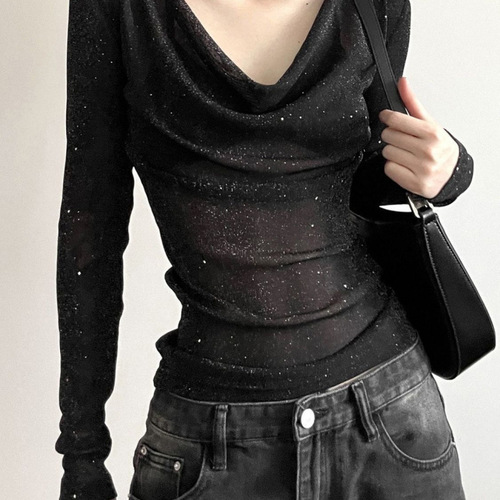 Stylish and Unique Women's Long-Sleeve Blouse with Design Elements, Sheer and Fitted for a Slimming Effect, Trendy and Fashionable 