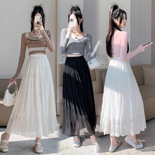 Summer Pleated Half-Body Skirt 2025 High-Waisted Pleated Skirt Large Swing Umbrella Skirt Mid-Length Fashion Sheer Dress