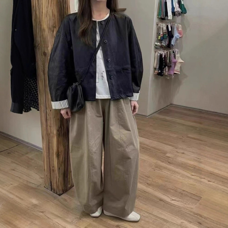 Cuff Korean Style Ready-Made Short Leather Jacket Autumn Women's New Round Neck Fashion Cuff Designer Jacket