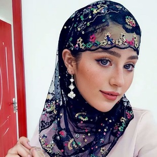 Hot-Selling New Gauze Scarf Pullover Hat Women's Hijab Scarf to Cover Hair Sequins Straight Headgear Sunshade Ethnic Style