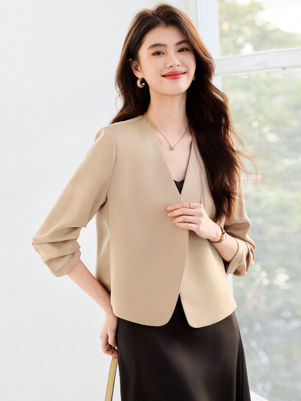 Champagne Color Suit Jacket for Women in Spring and Summer Slightly Elastic Work Clothing Fashion High-End Three-Quarter Sleeve Casual Elegant Suit Top