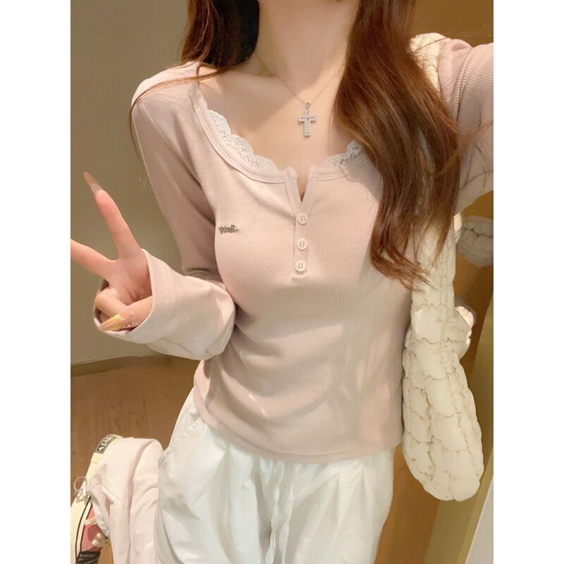 Half-Open Collar Lace Button Long-Sleeve T-Shirt for Women, Suitable for Spring, Autumn, and Winter, Slim Fit, Korean Style, Sweet and Chic, Inner Layer Base Shirt Half-Open Collar Lace Button Long-Sleeve T-Shirt for Women, Suitable for Spring, Autumn, and Winter, Slim Fit, Korean Style, Sweet and Chic, Inner Layer Base Shirt