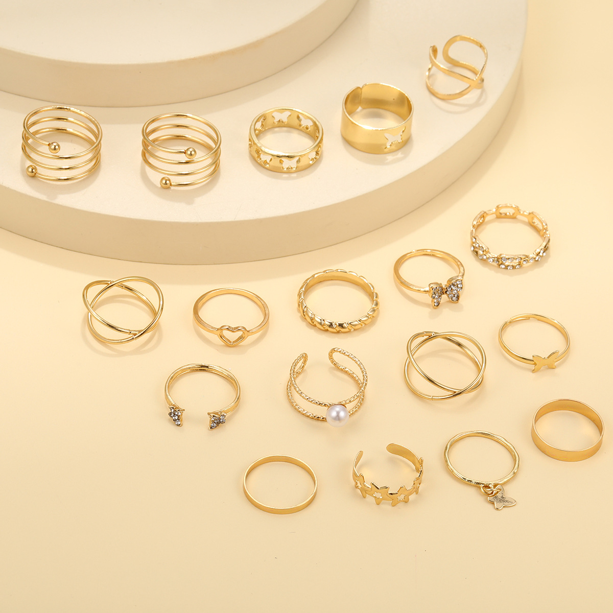 new diamond butterfly ring suit 18-piece set hollow love chain open adjustable ring_voghion.com