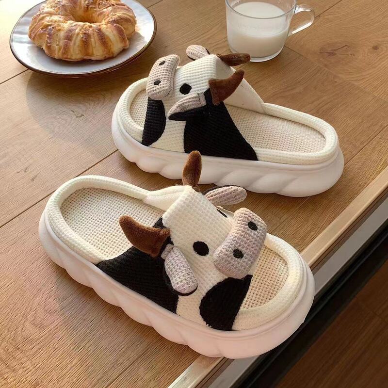 2026 New Model of All-Season Indoor Home Cotton and Linen Slippers, Cute Cartoon Little Cow Linen Slippers, Non-Slip