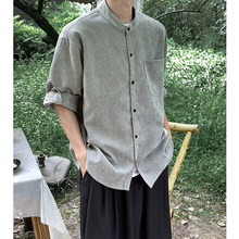 男士春夏款中袖灯芯绒衬衫复古简约韩版潮流衬衣帅气休闲衬衫外套