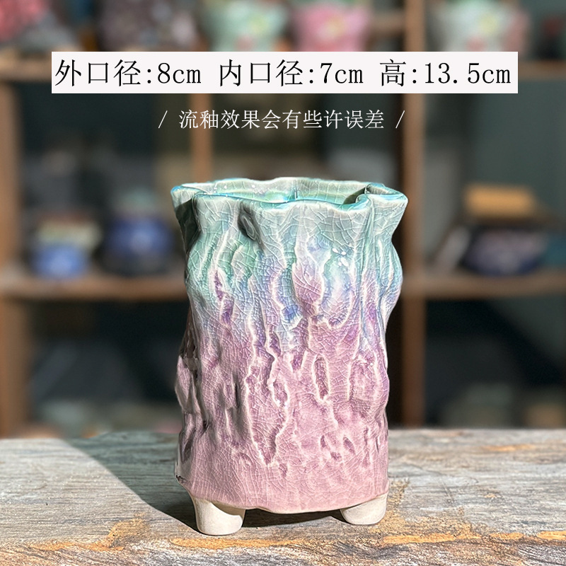 クリエイティブな多肉植物の植木鉢、古い木の皮の質感、流れる釉薬、陶芸のひび割れ模様、通気性のある絶妙なセラミック植木鉢の卸売|undefined