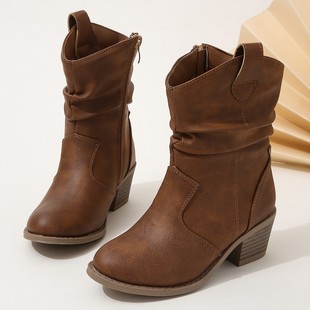 Children's Pleated Slip-On Small High-Heeled Mid-Top European and American Western Cowboy Boots, Fashionable Retro Export Style Boots