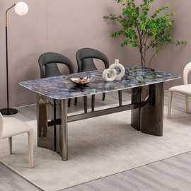意式极简天然超晶石餐桌设计师现代简约不锈钢架小户型家用吃饭桌