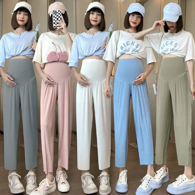 Real Shot of High-Quality 2025 Summer Loose-Fit Maternity Pleated Ice Silk Cropped Carrot-Shaped Wide-Leg Drapey Pants