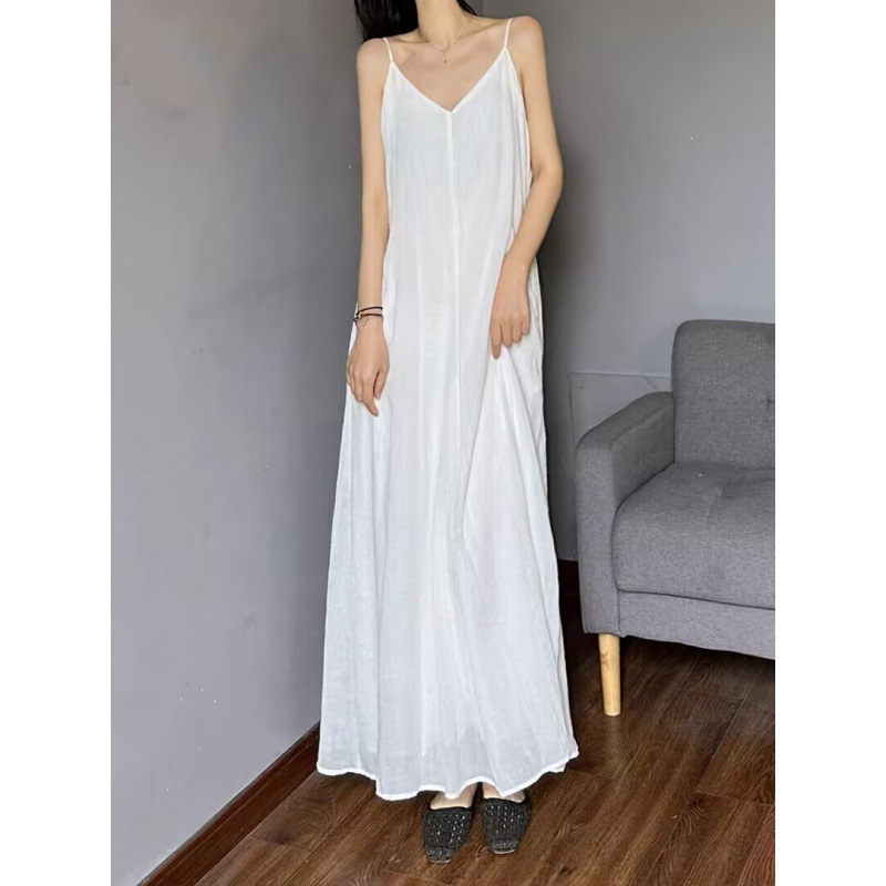 White Cotton Linen Loose Slip Dress Slim Belly Covering Summer Dress Artistic V-Neck dress