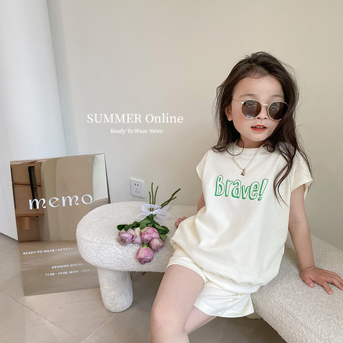 Elmo Beibei boys and girls neutral casual letter contrast short-sleeved tops shorts suit summer children's clothing
