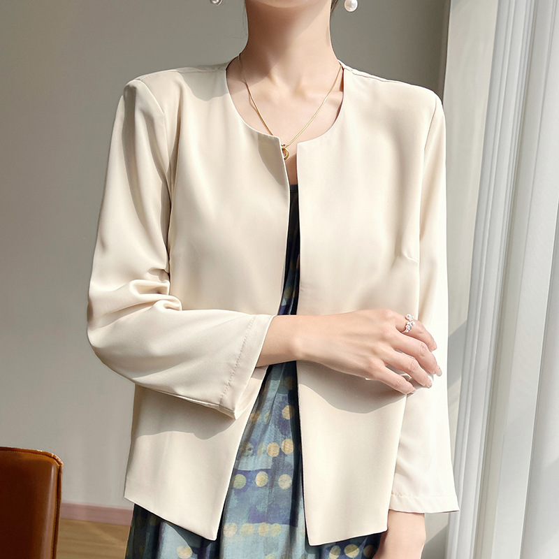 Spring and Summer New Silky Satin Women's Round Neck Small Suit-Like Solid Color Knitted Buttonless Long-Sleeved Suit Jacket