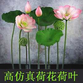 PU带杆仿真荷花花苞假荷叶水池装饰造景落地塑料客厅新款仿真花