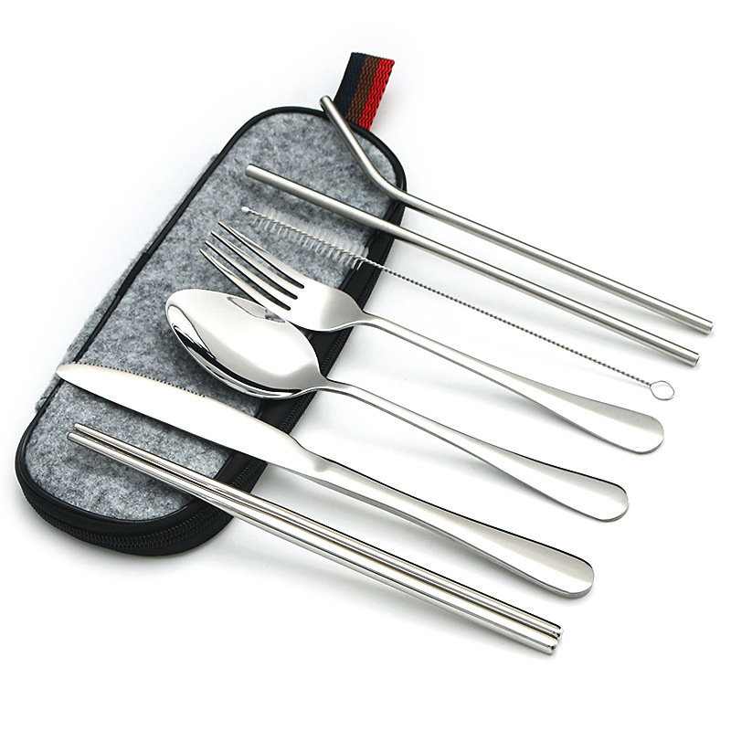 Amazon transfronterizo conveniente vajilla de acero inoxidable 7 piezas conjunto 1010 cuchillo, tenedor, cuchara, palillos, traje de viaje al aire libre de paja