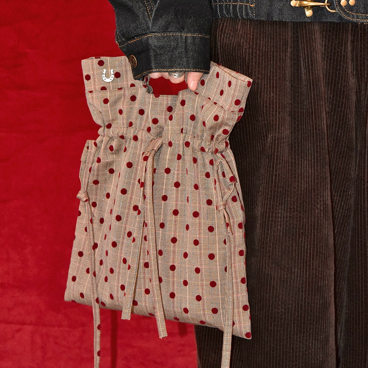 HAAHUA Original Polka Dot Velvet Drawstring Bag Retro Red Wedding Bag New Year Crossbody Bag Niche Design