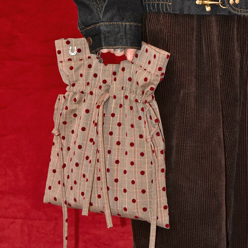 Haahua Original Polka Dot Velvet Drawstring Bag Retro Red Wedding Bag New Year Bag Crossbody Bag Niche Design
