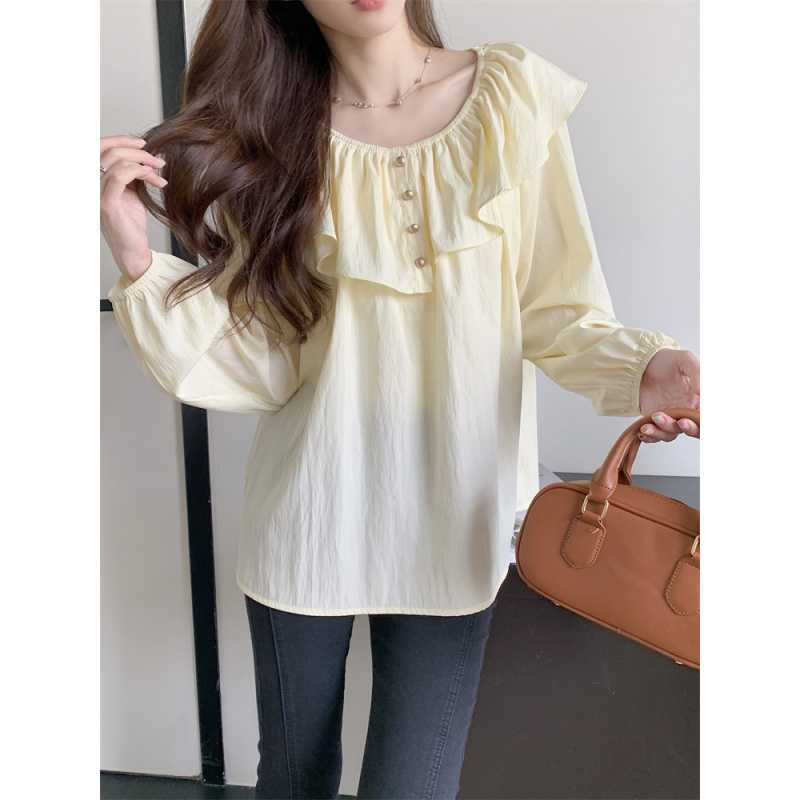 Real Shot of 2026 Spring and Autumn Plus-Size Women's French-Style Ruffled Round-Neck Shirt, Age-Reducing and Slimming Off-Shoulder Blouse Top
