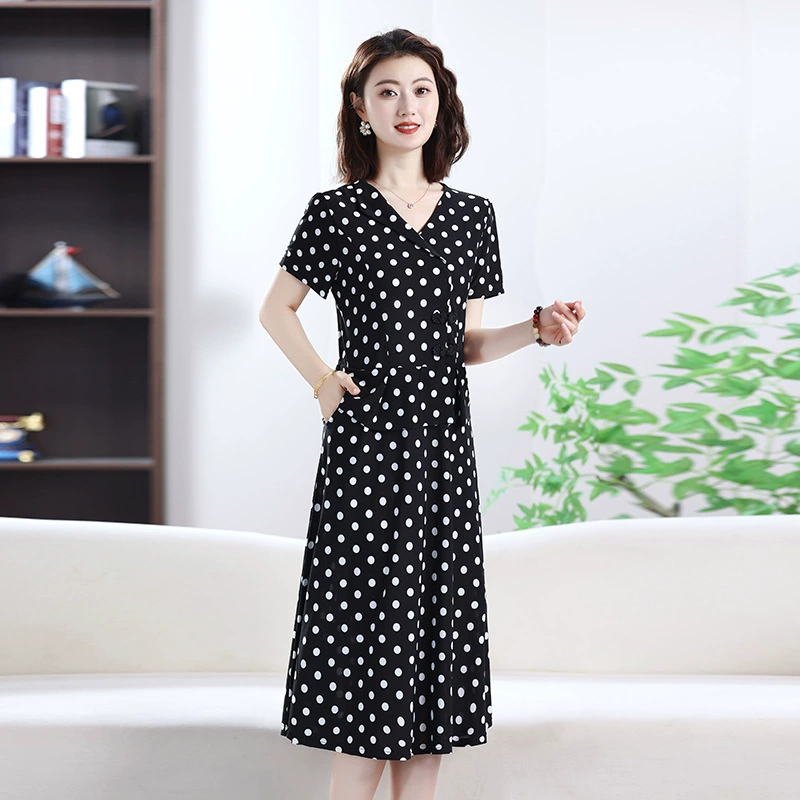 Новое платье для мамы в летнем стиле с короткими рукавами, элегантная женская свободная утягивающая юбка А-силуэта, тонкая юбка длиной до колена.