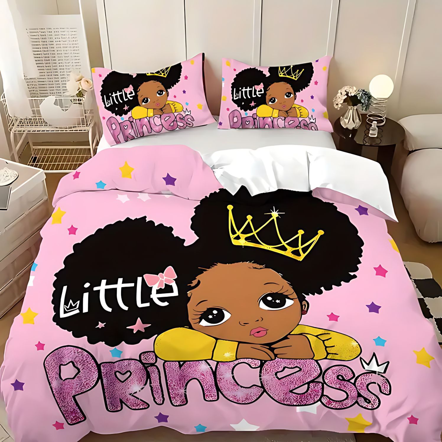 TEMU / JIT juguetón modelo de niña de piel negra impresión digital HD suave y cómodo conjunto de edredón