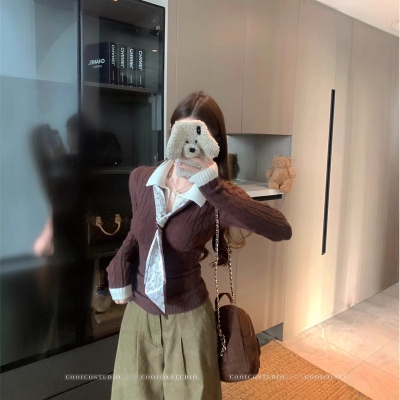 Brown Polo Collar Fake Two-Piece Knitwear for Women in Winter with Slim-Fitting Short Long-Sleeved Tops Brown Polo Collar Fake Two-Piece Knitwear for Women in Winter with Slim-Fitting Short Long-Sleeved Tops