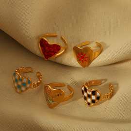欧美跨境ins网红风爱心不锈钢开口戒指女不掉色小众手饰批发专供