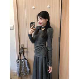 法式灰色连衣裙子套装女感针织衫上衣半身长裙子两件套春秋季女装