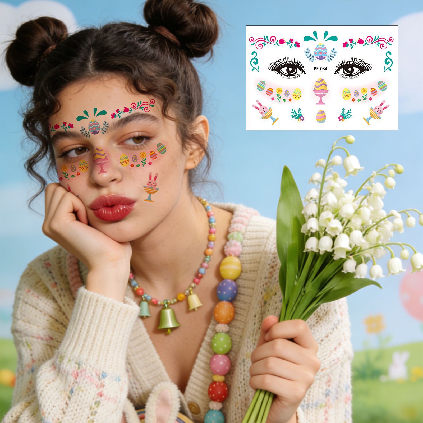 Tatuajes Temporales Faciales de Pecas de Pascua Papel de Transferencia de Agua Impermeable para Fiesta