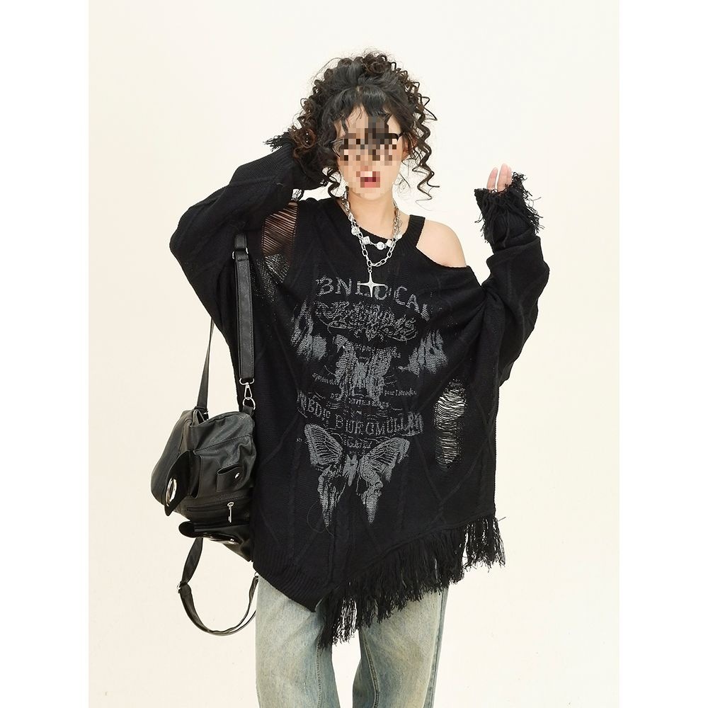 怕麻烦蝴蝶破洞露肩圆领毛衣女2025秋季新款宽松bf慵懒风针织上衣