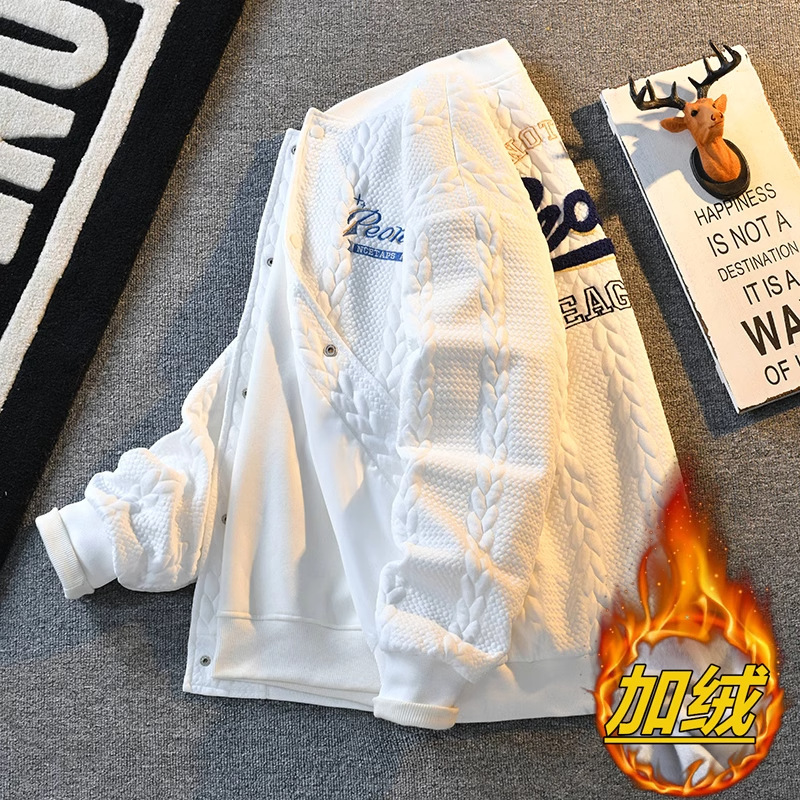 Autumn and winter fleece-lined American heavy retro baseball suit men's loose casual coat jacket home figure# XXF012