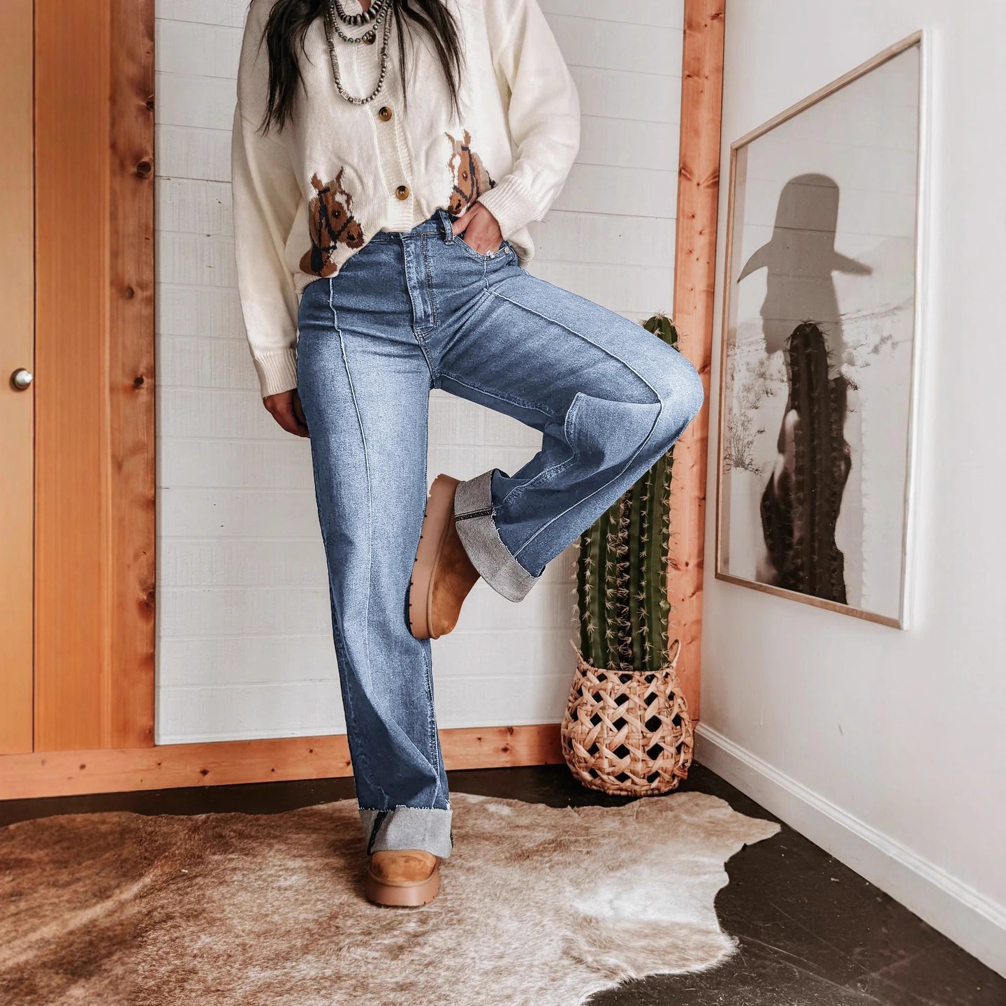 Jeans de Tiro Alto y Pierna Ancha para Mujer de Mezclilla de Algodón y Poliéster, Diseño Retro, Microelástico