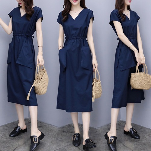 Women's navy high waist long dress women's Cotton linen breathable V-neck short sleeve skirt